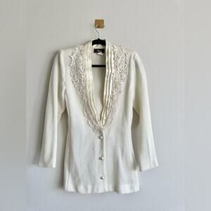 Vintage 80s Cream Knit Blazer | Lace Satin Trim Pearl Button Cardigan | Size 4